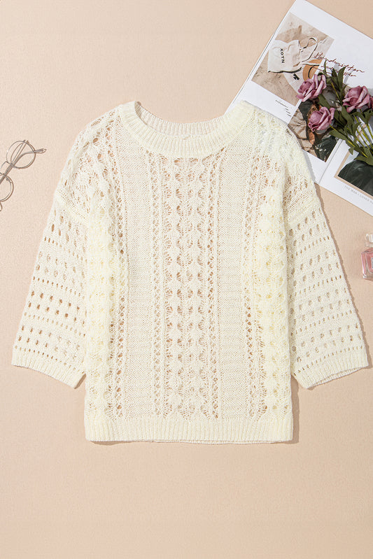 White Hollow Out Knit Bracelet Sleeve Drop Shoulder Sweater Sweaters JT's Designer Fashion