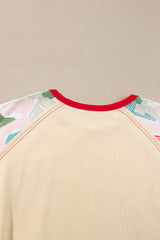 Beige Bowknot Printed Patchwork Raglan Sleeve Colorblock Edge Top Long Sleeve Tops JT's Designer Fashion