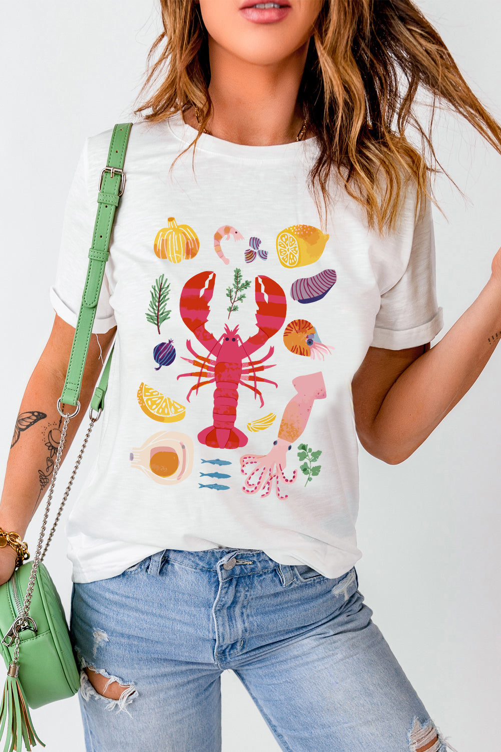 White Crawfish Food Ingredient Graphic Crewneck Tee Graphic Tees JT's Designer Fashion