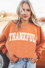 Orange THANKFUL Crew Neck Pullover Sweatshirt Graphic Sweatshirts JT's Designer Fashion