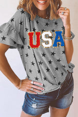 Gray USA Letter Patched Star Printed Ruffle Trim Sleeves Loose Tee Graphic Tees JT's Designer Fashion