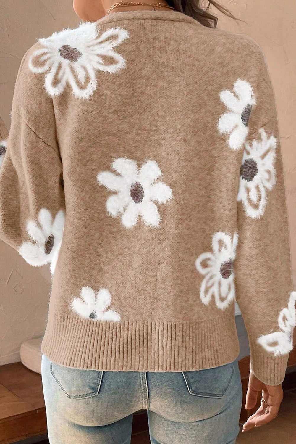Smoke Gray Floral Print V Neck Knitted Button up Cardigan Cardigans JT's Designer Fashion