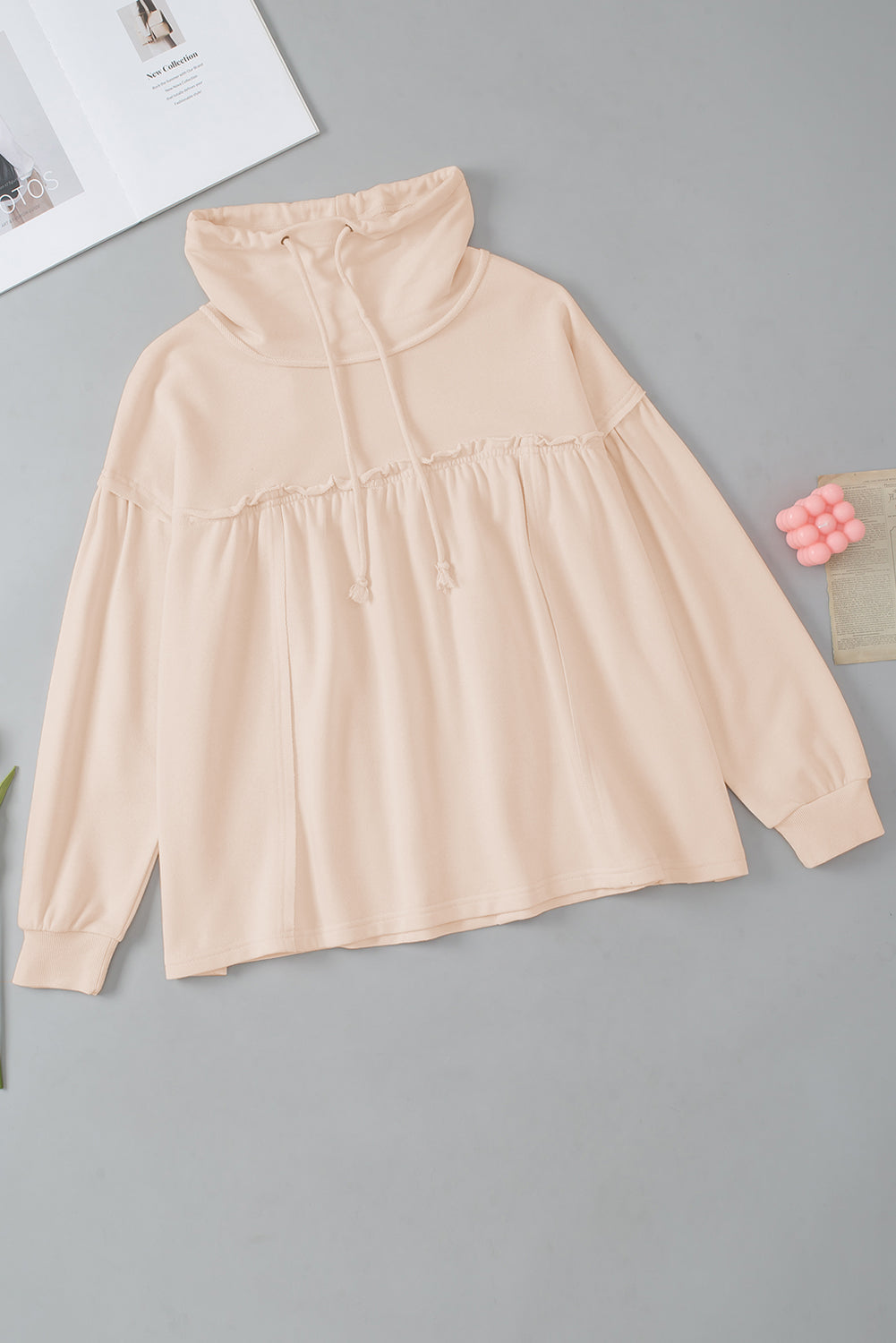 Beige Frill Exposed Seam Cowl Neck Oversized Sweatshirt Sweatshirts & Hoodies JT's Designer Fashion