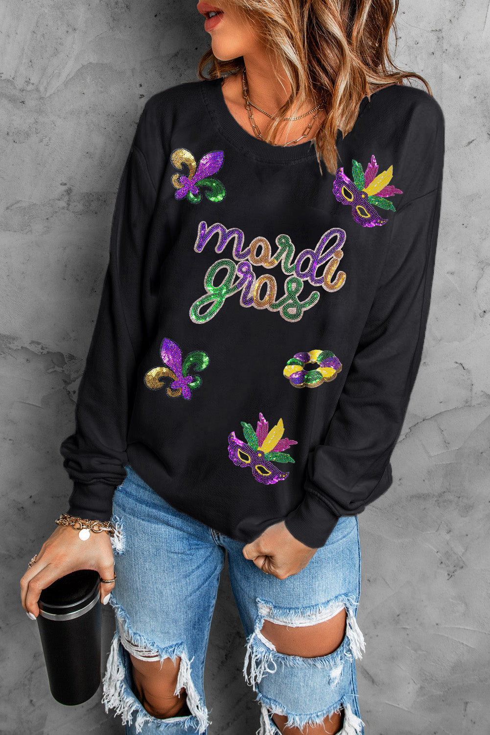 Black Sequin mardi gras Fleur de Lis Graphic Pullover Sweatshirt Graphic Sweatshirts JT's Designer Fashion