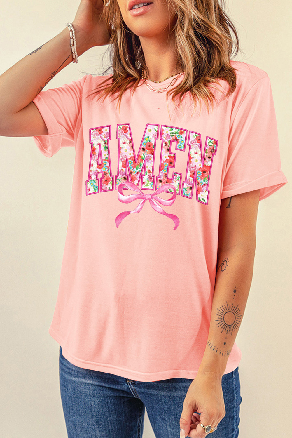 Pink Floral AMEN Bow Graphic Crewneck T Shirt Graphic Tees JT's Designer Fashion
