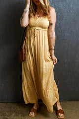 Yellow Frilly Smocked High Waist Floral Maxi Dress Dresses JT's Designer Fashion