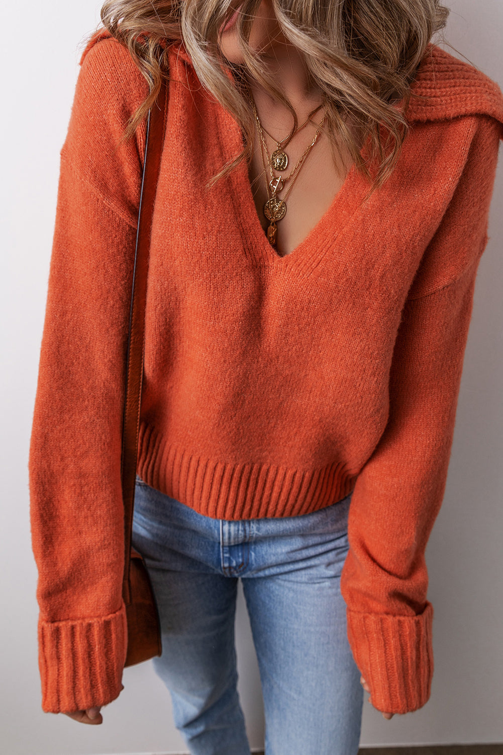 Flamingo Collared V Neck Ribbed Edge Sexy Elegant Sweater Sweaters JT's Designer Fashion