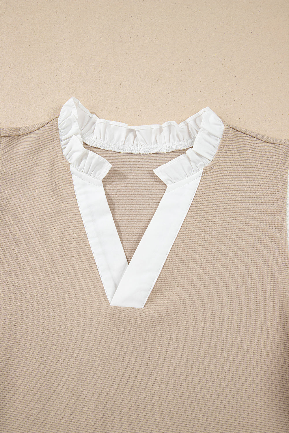 Pale Khaki Contrast V Neck Ruffled Textured Knit Top Blouses & Shirts JT's Designer Fashion
