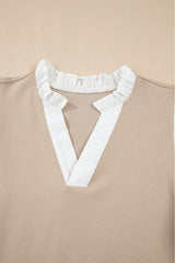 Pale Khaki Contrast V Neck Ruffled Textured Knit Top Blouses & Shirts JT's Designer Fashion