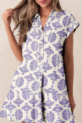 Sky Blue Printed Shirt Collar Half Button A-line Mini Dress Dresses JT's Designer Fashion