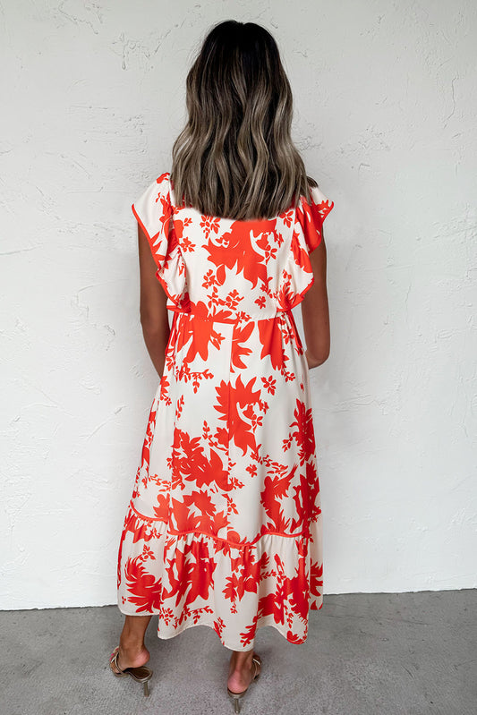 Red Floral Print Trimmed V Neck Ruffle Sleeve Long Dress Dresses JT's Designer Fashion