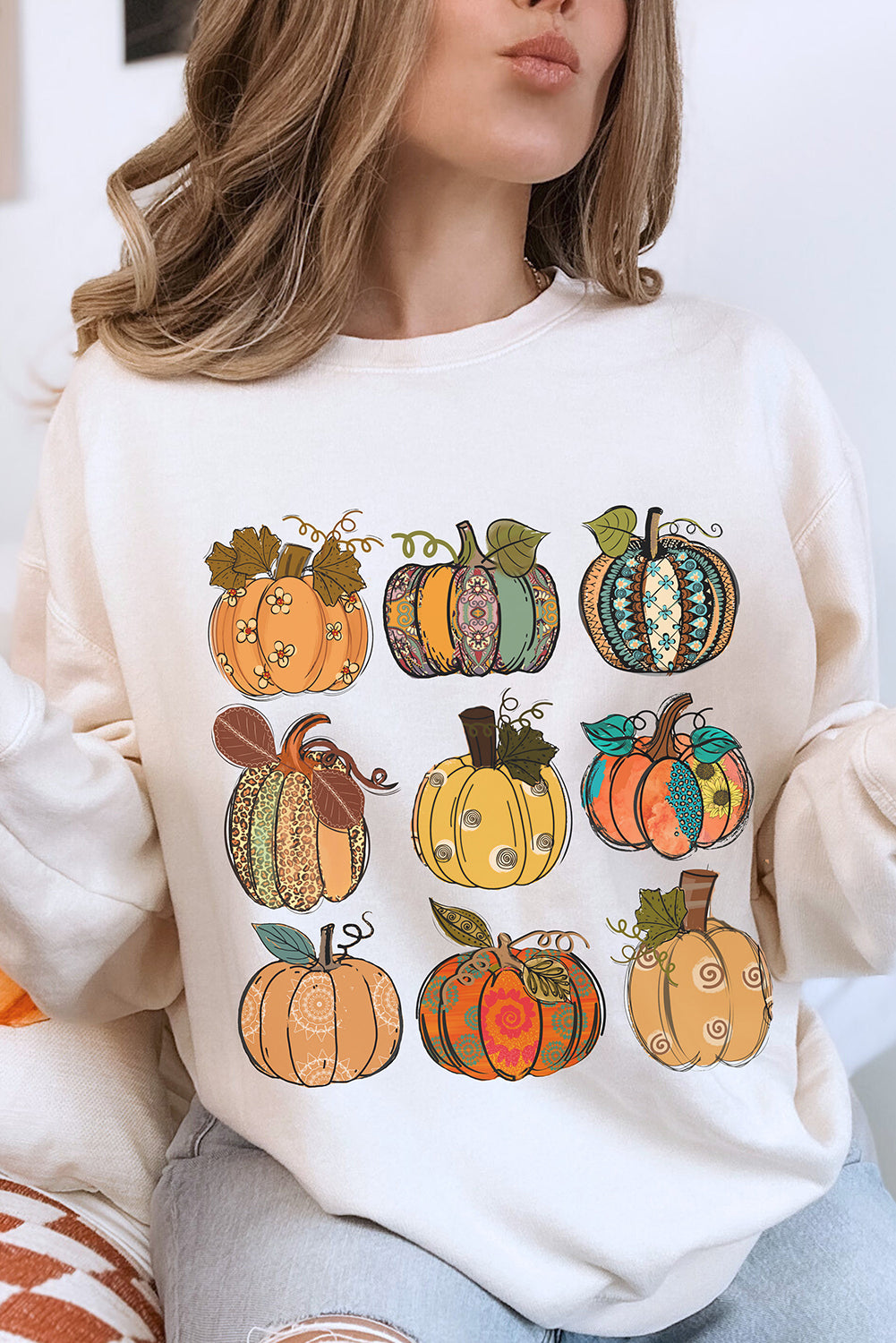 Beige Thanksgiving Pumpkin Print Drop Shoulder Sweatshirt Graphic Sweatshirts JT's Designer Fashion