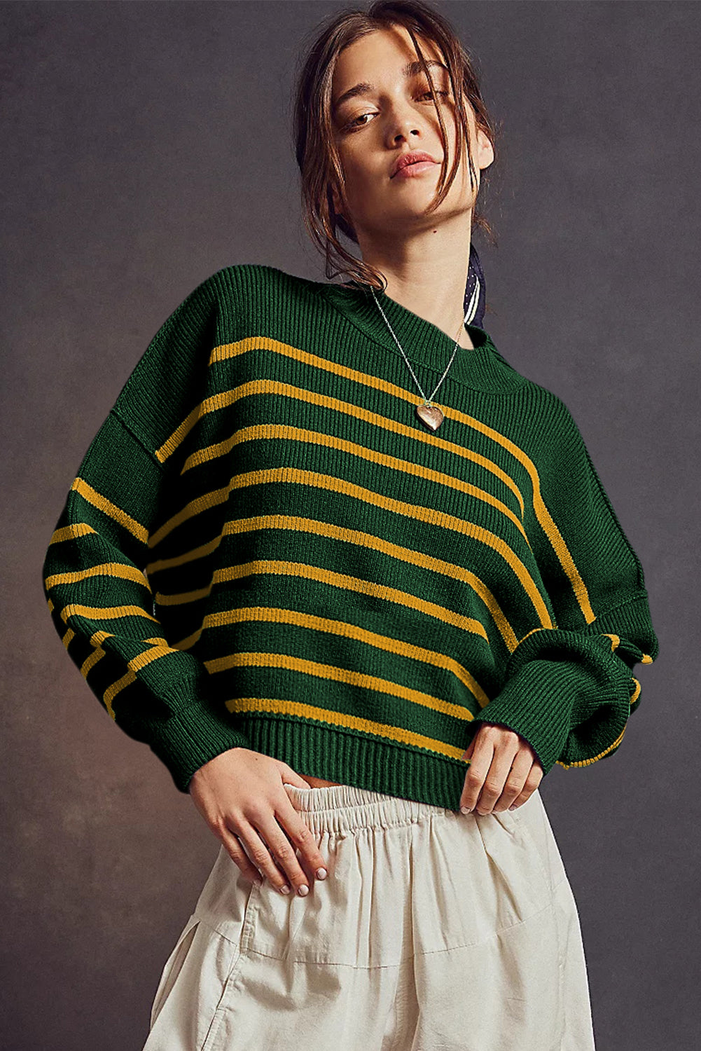 Green Stripe Ribbed Drop Shoulder Baggy Sweater Sweaters JT's Designer Fashion