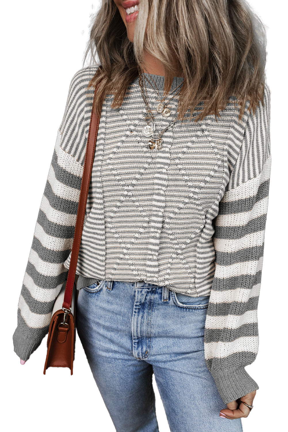 Gray Stripe Geometric Textured Drop Shoulder Sweater Sweaters JT's Designer Fashion