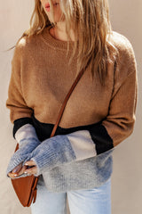 Brown Color Block Striped Ribbed Knit Sweater Sweaters JT's Designer Fashion