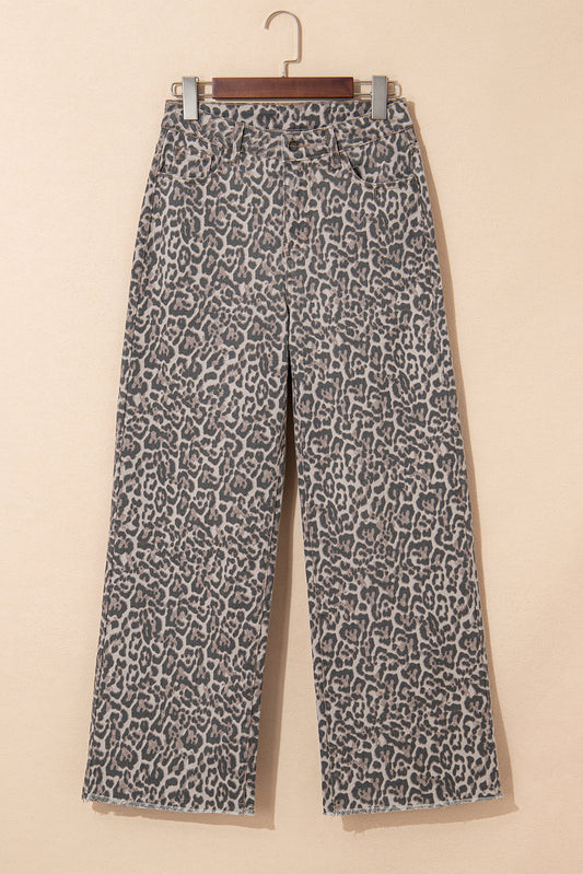 Brown Leopard Frayed Edge Wide Leg High Waist Jeans Jeans JT's Designer Fashion