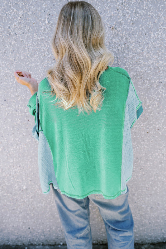 Green Colorblock Stitching Patchwork Buttoned Long Sleeve Top Long Sleeve Tops JT's Designer Fashion