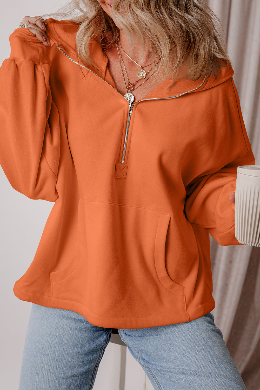 Orange Fleece Lined Half Zipper Kangaroo Pockets Loose Hoodie Sweatshirts & Hoodies JT's Designer Fashion