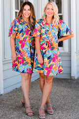 Multicolour Plus Size Leafy Print Split Neck Short Sleeve Shift Dress Plus Size Mini Dresses JT's Designer Fashion