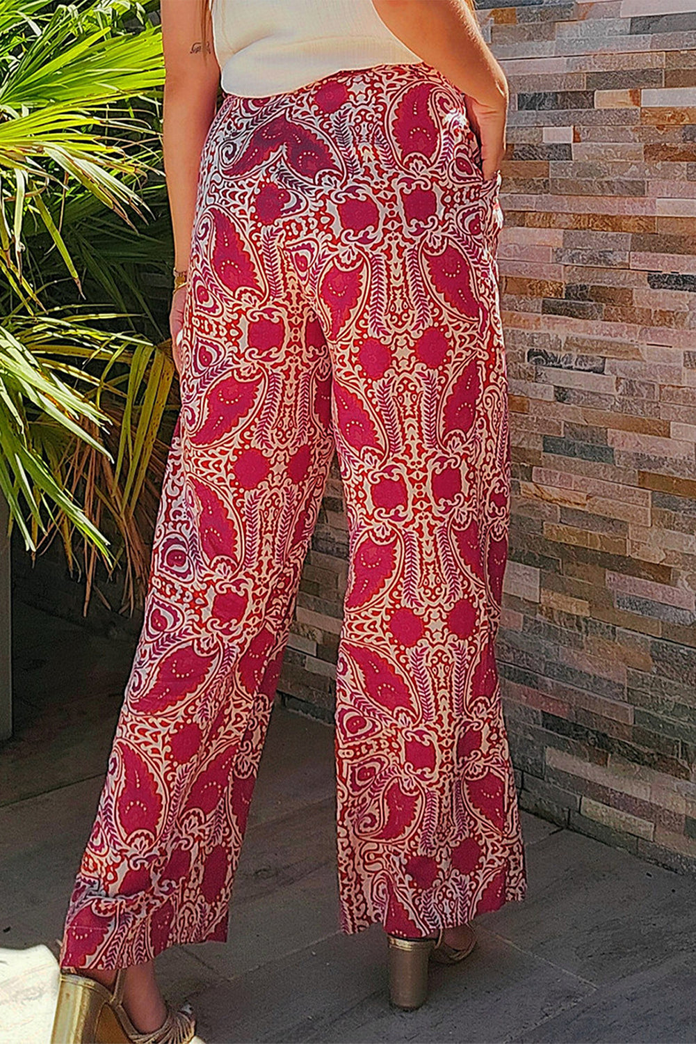 Red Paisley Printed Buttoned High Waist Straight Leg Pants Pants & Culotte JT's Designer Fashion