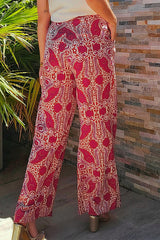 Red Paisley Printed Buttoned High Waist Straight Leg Pants Pants & Culotte JT's Designer Fashion