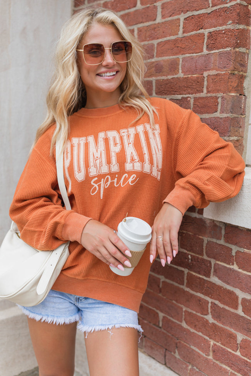 Orange PUMPKIN Spice Graphic Corded Crewneck Sweatshirt Graphic Sweatshirts JT's Designer Fashion