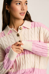 Pink Stripe Cable Knit Collared Henley Sweater Sweaters JT's Designer Fashion