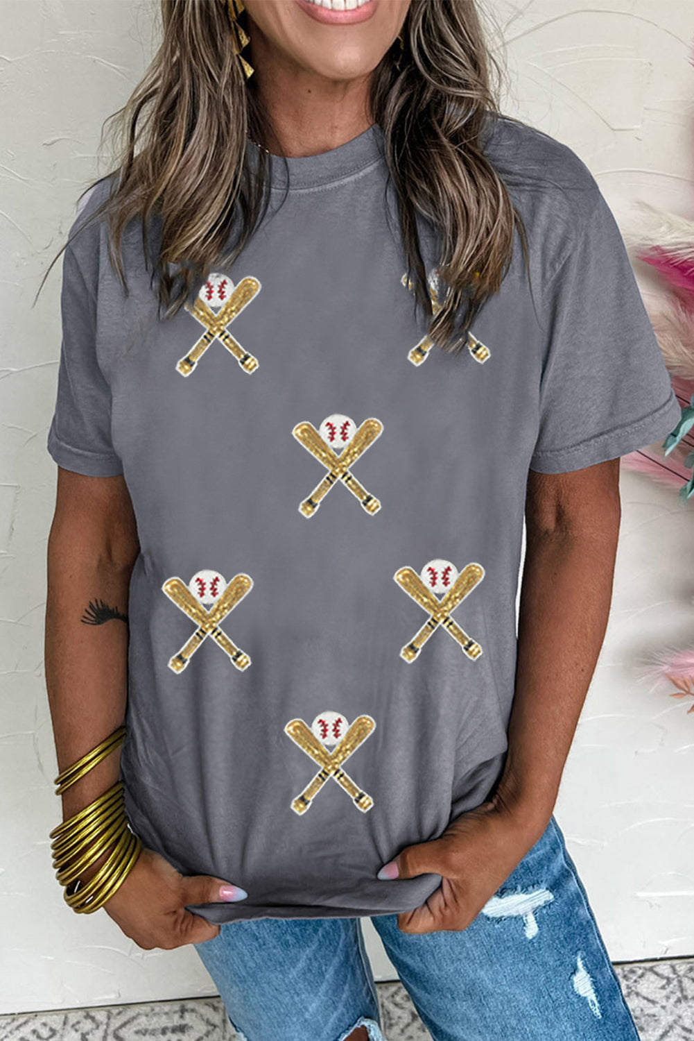Gray Sequined Game Day Casual Tee Graphic Tees JT's Designer Fashion
