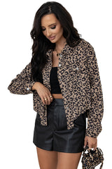 Dark Khaki Leopard Print Corduroy Irregular Hem Buttoned Jacket Jackets JT's Designer Fashion