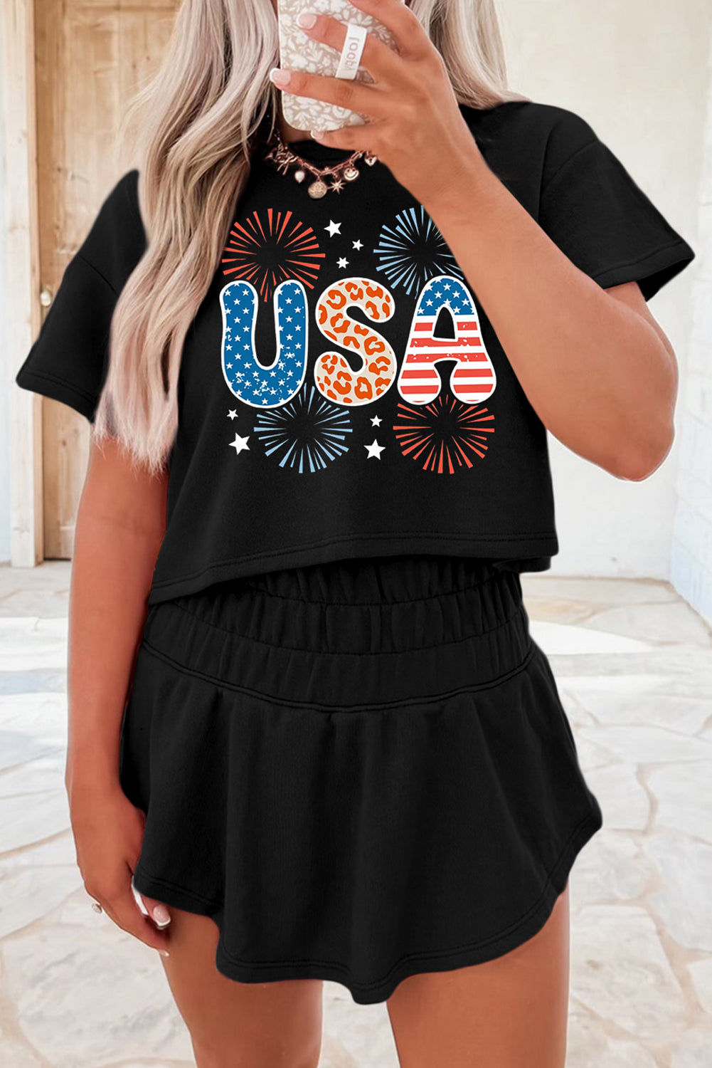 Black Firework USA Graphic Tee and Smocked Waistband Skort Set Black 75%Polyester+20%Cotton+5%Elastane Graphic Sets JT's Designer Fashion