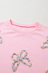 Light Pink Embroidered Bow Lantern Sleeve Oversized Pullover Sweatshirt Sweatshirts & Hoodies JT's Designer Fashion