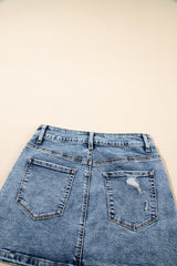 Dusk Blue Rhinestone Distressed Denim High Waist Mini Skirt Skirts & Petticoat JT's Designer Fashion