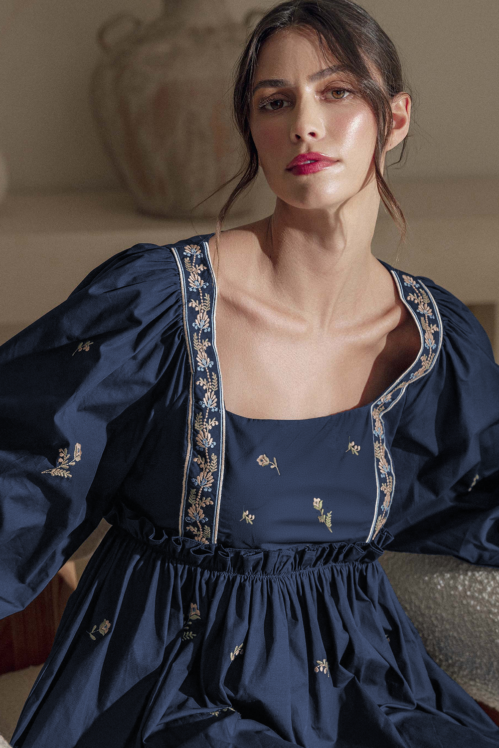 Blue Floral Embroidered Square Neck Puff Sleeve Ruffled Mini Dress Mini Dresses JT's Designer Fashion