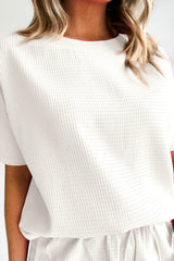 White Casual Textured Tee and Drawstring Shorts Set Short Sets JT's Designer Fashion
