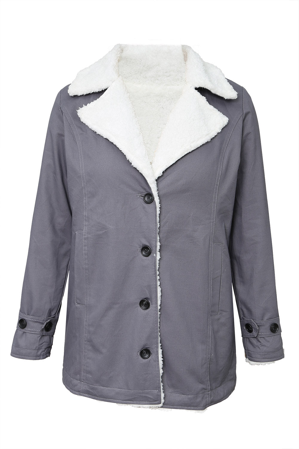 Gray Lapel Collar Button Fleece Jacket Jackets JT's Designer Fashion