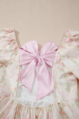 Pink Floral Puff Sleeve Square Neck Knotted Open Back Ruffled Mini Dress Floral Dresses JT's Designer Fashion