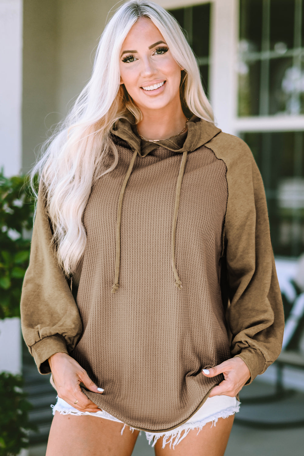 Khaki Waffled Expose Seam Drawstring Hoodie Sweatshirts & Hoodies JT's Designer Fashion