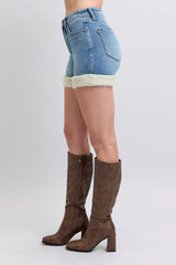 Judy Blue Full Size Hw Tummy Control Shearling Cuff Denim Shorts Plus Size Denim Shorts JT's Designer Fashion