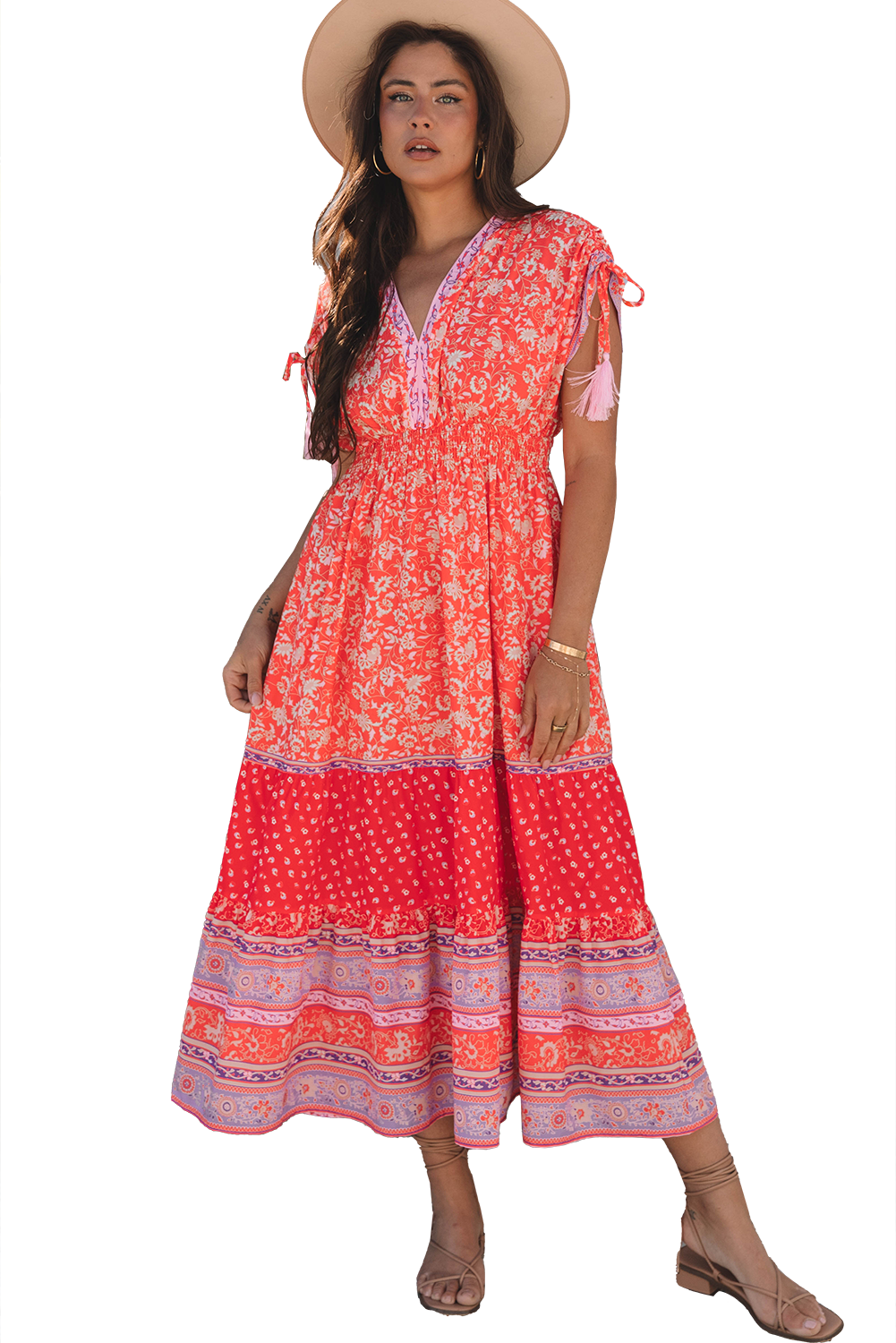 Red Floral Print Tasseled Tied Sleeve Empire Waist Maxi Dress Floral Dresses JT's Designer Fashion