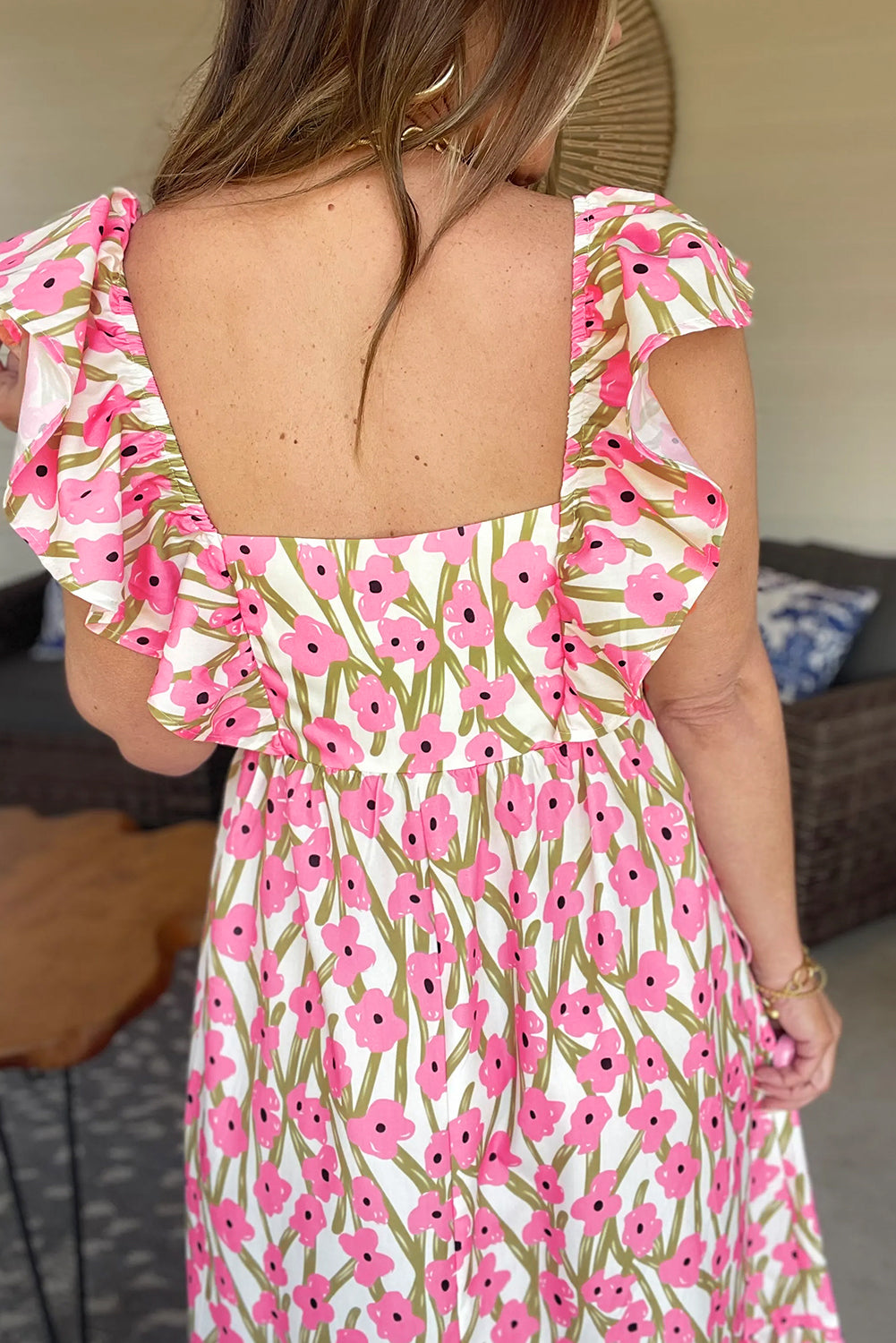 Pink Plus Size Ruffle Trim Square Neck High Waist Floral Maxi Dress Plus Size Maxi Dresses JT's Designer Fashion
