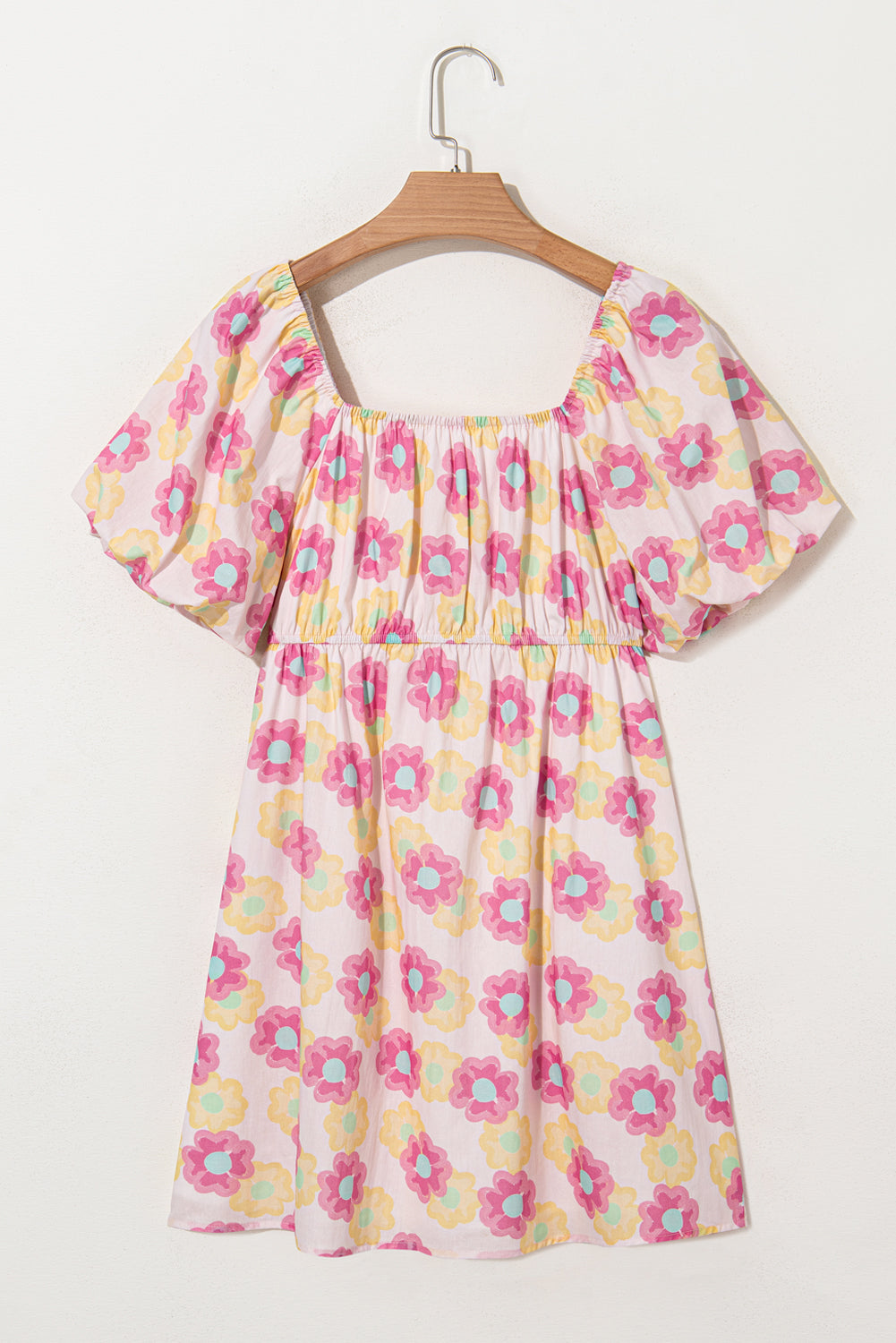 Rose Vibrant Floral Square Neck Puff Sleeve Pleated Flared Midi Dress Floral Dresses JT's Designer Fashion