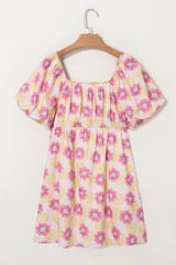 Rose Vibrant Floral Square Neck Puff Sleeve Pleated Flared Midi Dress Floral Dresses JT's Designer Fashion