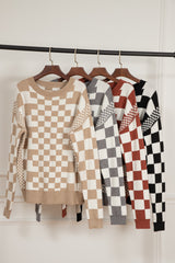 Brown Checkered Print Drop Shoulder Round Neck Sweater Sweaters JT's Designer Fashion