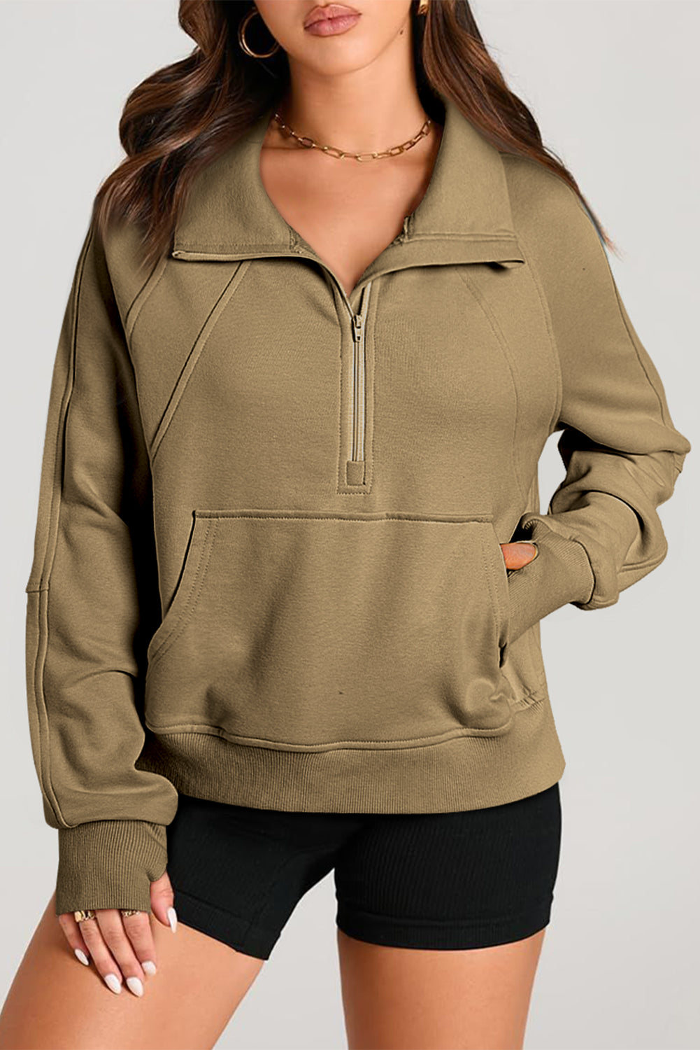 Brown Quarter Zip Stand Neck Kangaroo Pocket Sweatshirt Sweatshirts & Hoodies JT's Designer Fashion
