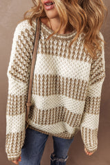 Brown Stripe Drop Shoulder Round Neck Loose Sweater Sweaters JT's Designer Fashion