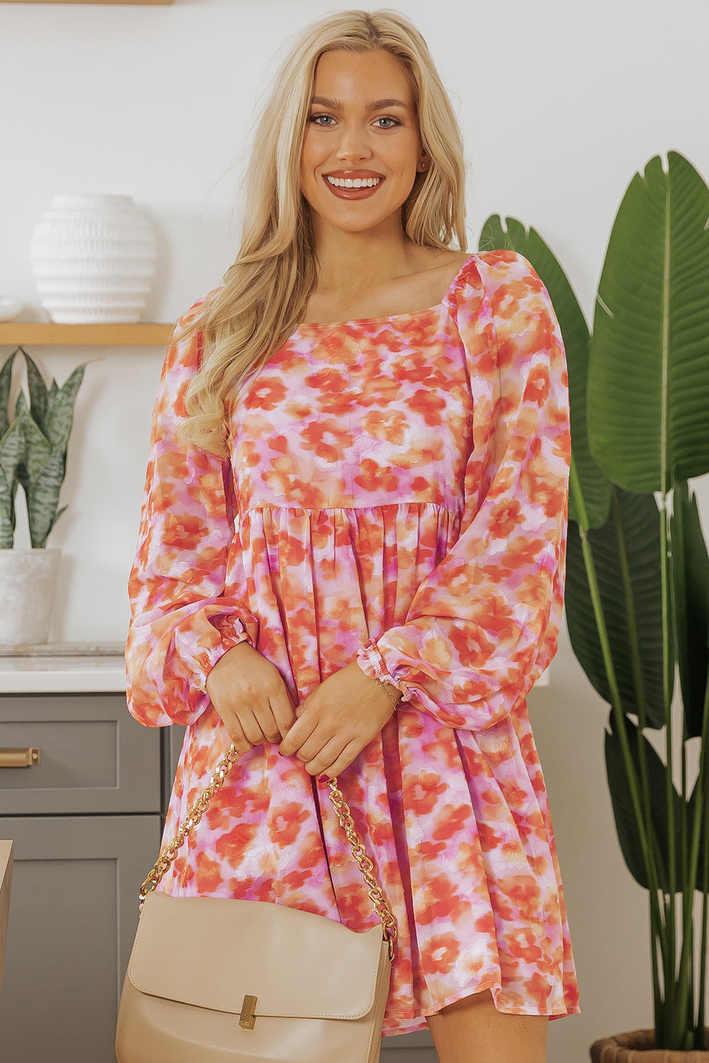 Rose Floral Print Square Neck High Waist Mini Dress Floral Dresses JT's Designer Fashion