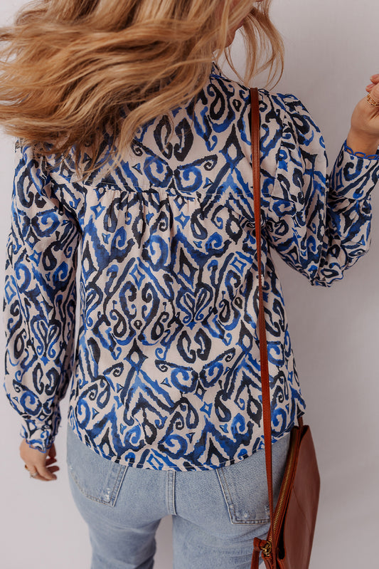 Blue Bohemian Print Embroidered V Neckline Detail Long Sleeve Shirt Blouses & Shirts JT's Designer Fashion