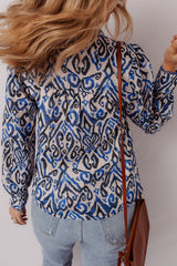 Blue Bohemian Print Embroidered V Neckline Detail Long Sleeve Shirt Blouses & Shirts JT's Designer Fashion