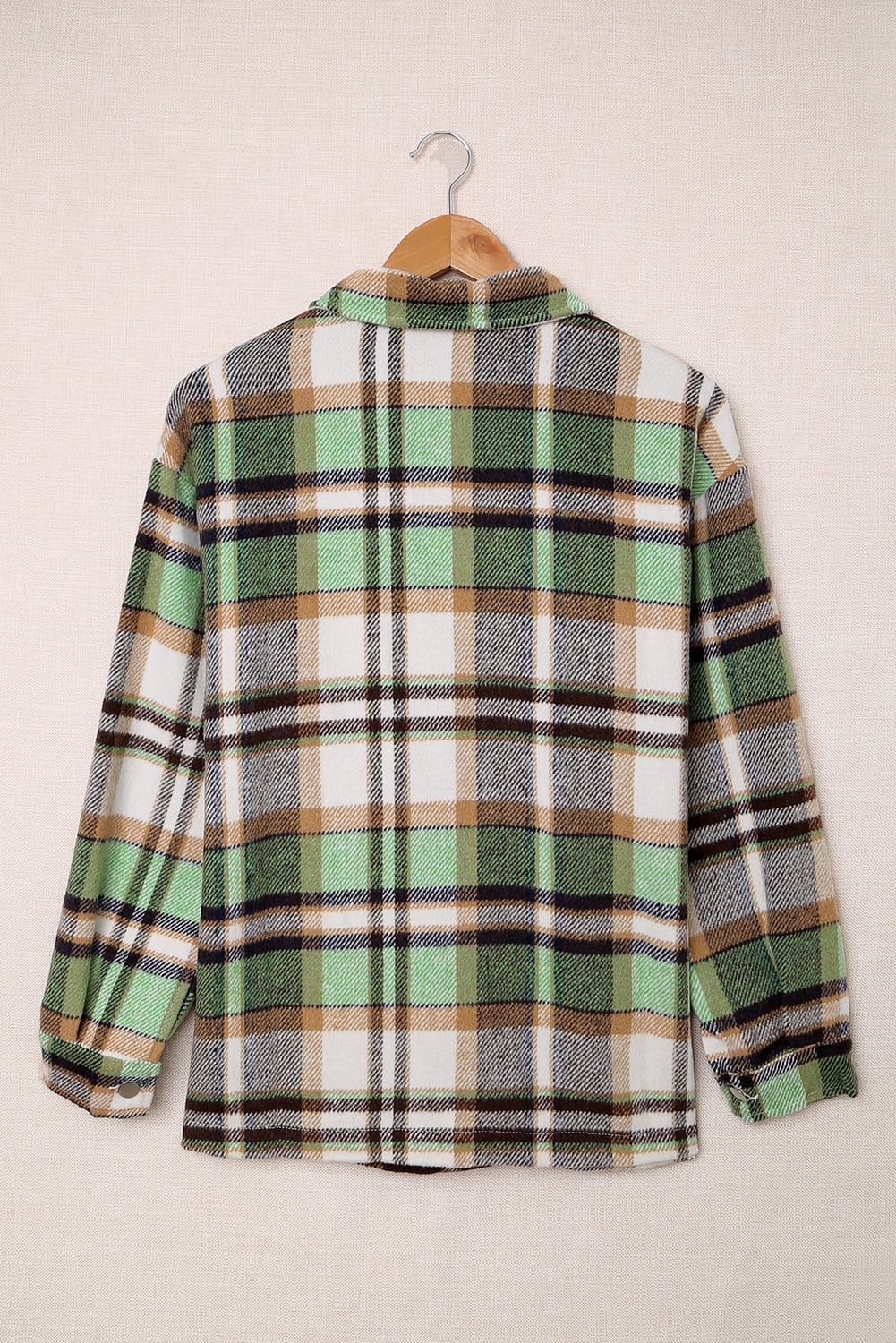 Green Geometric Plaid Print Pocketed Shacket Plaid Shackets JT's Designer Fashion
