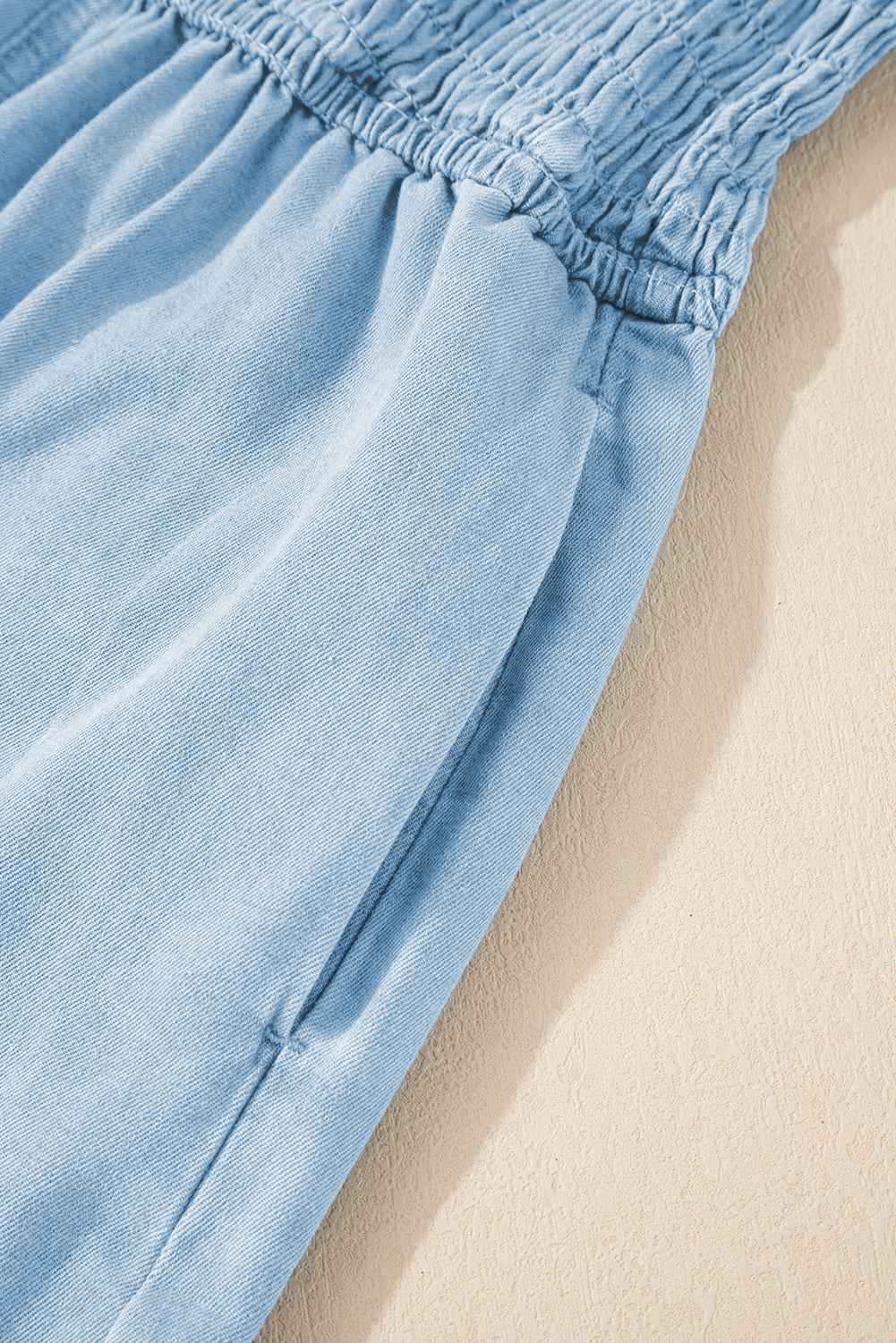 Beau Blue Spaghetti Strap Smocked Denim Romper Jumpsuits & Rompers JT's Designer Fashion